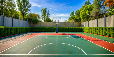 Fototapeta premium Backyard basketball court with hoop and painted lines , outdoor, sports, backyard, basketball, court, hoop, net