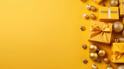 Fototapeta premium Top view of gifts, bows and Christmas decorations on a vivid yellow background