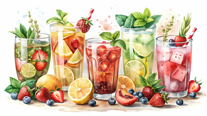 Vintage watercolor drinks with fruits and berries for a refreshing summer vibe, cocktails, vintage, watercolor, drinks