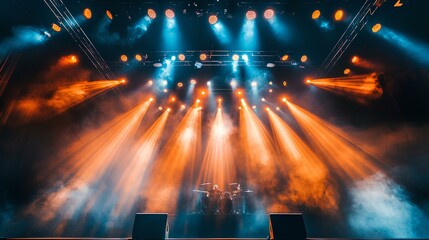 Obraz premium A vibrant concert stage illuminated with colorful lights and smoke, setting the mood for an energetic performance.