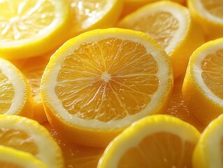 Fresh lemon slices arranged in a vibrant display on a bright background.