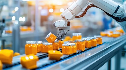 Fototapeta premium Precision Automation in Food Production: Robotic Arm Assembly Line Efficiency