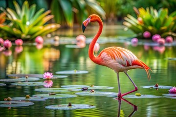 Fototapeta premium Flamingo in tropical pond with lush greenery and lily pads