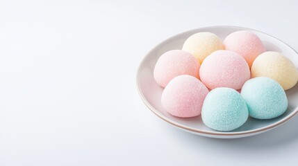 Colorful mochi sweets arranged on a white plate, isolated on a light background.