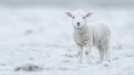 Fototapeta premium A White Lamb Standing in a Snowy Field