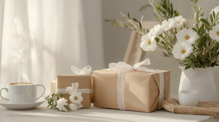 Natural beige gift boxes wrapped in brown paper.  AI generation.