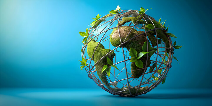 Handmade sculpture of Earth surrounded by leaves made from TMT bars on a blue background , eco-friendly, sustainable