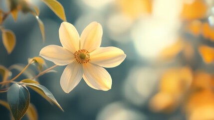Fototapeta premium A Single Delicate White Flower Against a Blurred Background of Green and Yellow