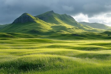 Fototapeta premium Sunlight illuminating rolling green hills and mountains in scotland