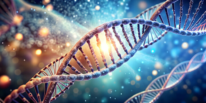 Abstract double helix surrounded by dynamic cytoplasm elements showcasing genetic traits and DNA, DNA