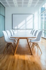 Fototapeta premium A spacious modern conference room featuring a bright, airy design. Natural light filters through large windows, highlighting minimalist decor.
