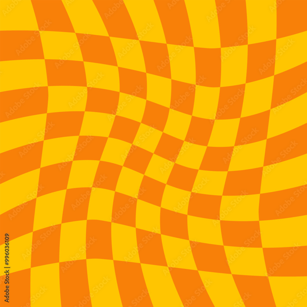 Aufkleber Twisted checkered colorful background. Abstract vector pattern. Orange and yellow colors. Retro wavy psychedelic checkerboard