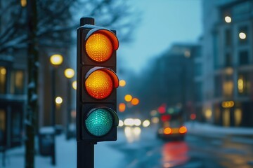 Traffic light showing green light during winter snowfall