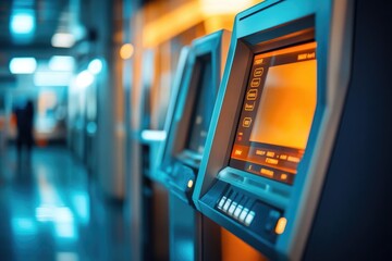 Obraz premium Row of automated teller machines standing inside a bank office building