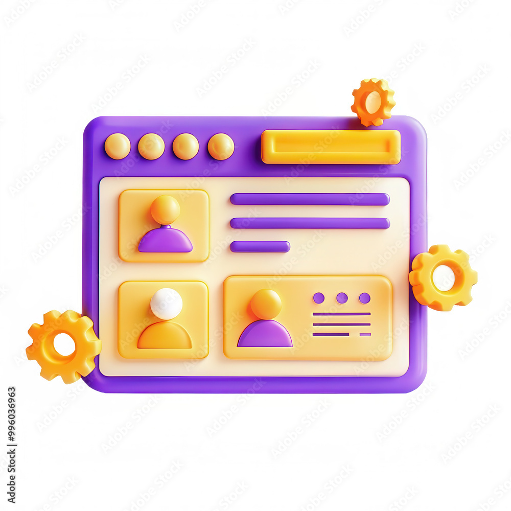 Aufkleber A colorful 3D representation of a user interface with abstract user profiles and settings. Ideal for digital design and web application mockups.