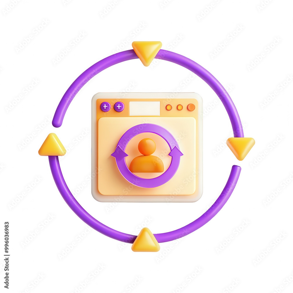 Poster a colorful 3d icon depicting user update interaction surrounded by arrows. the design features circu