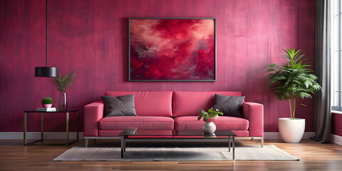 Dark red and pink abstract painting in black frame on pink wall in living room with dark red velvet sofa