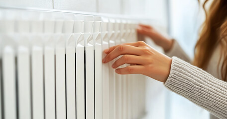 A close-up view of a woman's hands on a modern white radiator, symbolizing warmth, winter heating, and energy efficiency in a cozy indoor setting