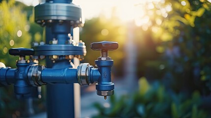 Close-up of blue water valve. Perfect for illustrating water supply, plumbing, or industrial use.