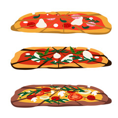 Pieces of pizza, a set of ingredients, various toppings. Pizza with mozzarella, arugula, tomatoes, mushrooms, salami, chili, parmesan, rosemary