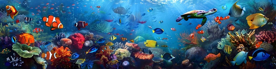Fototapeta premium A vibrant coral reef teeming with colorful fish and sea turtles, showcasing the beauty of marine life in an underwater panorama