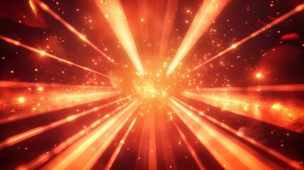 A vibrant burst of orange light resembling an explosion or cosmic event, radiating beams and particles throughout a dark background.