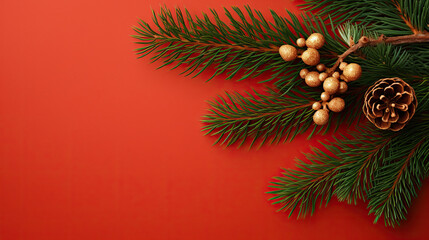 Top view of tree branches with Christmas ornaments and details on a red background
