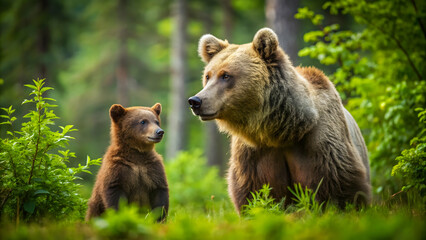 Fototapeta premium Mother bear looking protectively at her playful son in a lush green forest setting , mother bear, son, wildlife