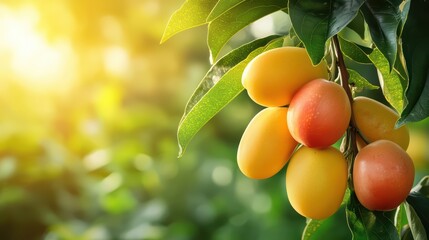 Fresh ripe mangoes hanging from a tree, glowing in warm sunlight.