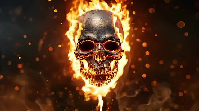 A metallic skull surrounded by flames, creating a dramatic and intense fiery visual effect.