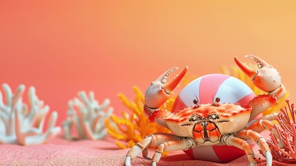 A cartoon crab with a beach ball on an orange background.
