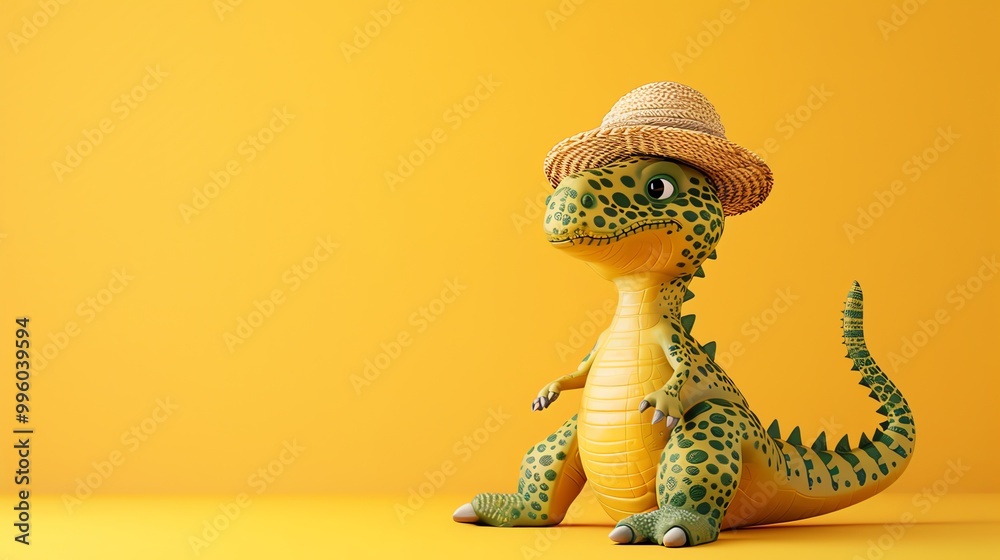 Poster A cute dinosaur wearing a straw hat on a yellow background.