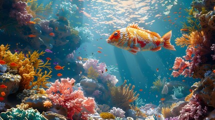A pixelated fish swimming among pixelated coral. AI generated
