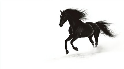 A Black Horse Running in a White Setting