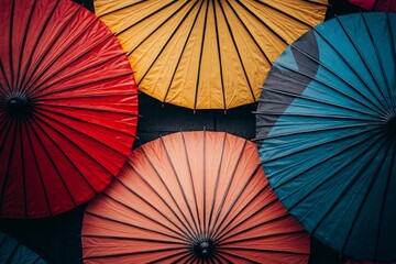 Top down view of colorful bright japanese umbrellas 