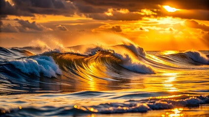 Obraz premium Majestic ocean waves glowing gold in the warm light of dusk , golden, waves, dusk, ocean, majestic, glowing, water, sunlight