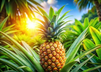Fototapeta premium A radiant pineapple tree stands tall, adorned with lush green leaves, basking in warm sunlight amidst a stunning tropical paradise filled with vibrant colors.