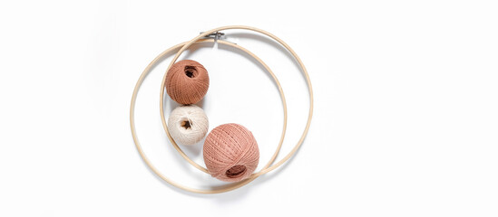 Flat lay composition threads for knitting cotton.Handmade zero waste, upcycling, new concept employment opportunities small business.Hobby knitting and needlework for mental health. Knitted background