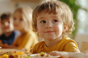Fototapeta premium Happy child enjoying a meal with friends, bright and cheerful atmosphere.