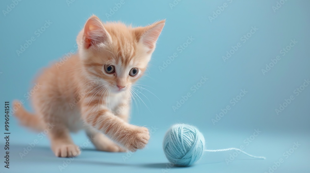 Wall mural A cute orange kitten looking at a ball of blue yarn.