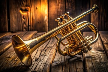 Obraz premium Antique trumpet gleaming with polished brass and intricate details, beautifully displayed on a rustic wooden surface, perfect for collectors and vintage music enthusiasts alike.