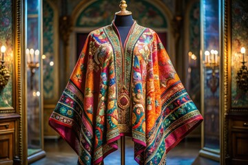 Fototapeta premium An exquisite mantle featuring detailed fabric artistry, ideal for enhancing fashion and textile collections with its unique style and sophistication. A must-have statement piece.