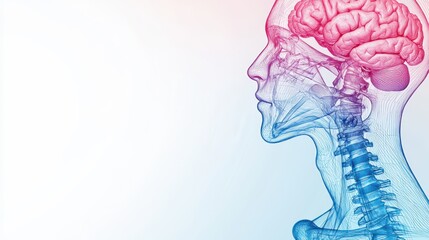 Human brain and skeleton illustration on white background.