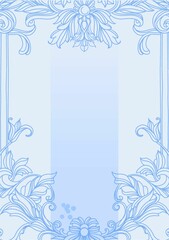 Ready-made background on the theme of Victorian frames. Elegant outline and graphic elements filled with shades of blue. Digital illustration for covers, branding, wedding design.