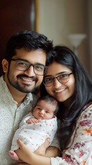 Fototapeta premium A family portrait of a couple with their newborn baby, the parents' expressions full of love and pride