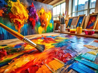 Obraz premium An abstract canvas bursts with bold colors and dynamic brush strokes, capturing the essence of creativity in a vibrant studio brimming with artistic energy.