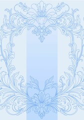 Ready-made background on the theme of Victorian frames. Elegant outline and graphic elements filled with shades of blue. Digital illustration for covers, branding, wedding design.