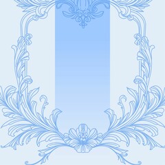 Ready-made background on the theme of Victorian frames. Elegant outline and graphic elements filled with shades of blue. Digital illustration for covers, branding, wedding design.