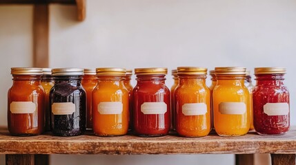A collection of artisanal preserves made with oranges, including marmalades, jams, and chutneys, in elegantly labeled jars