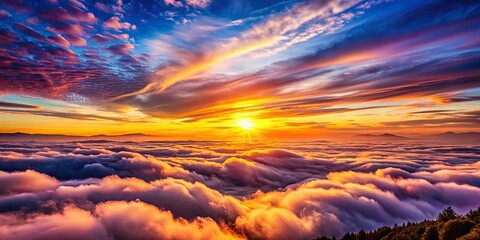 Fototapeta premium A magnificent sunrise rises over soft, fluffy clouds, crafting a breathtaking early morning sky landscape filled with vibrant colors and serene beauty. Nature's masterpiece awakens.